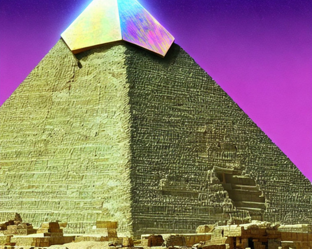 Colorful Glowing Pyramid with Textured Stonework in Purple Sky