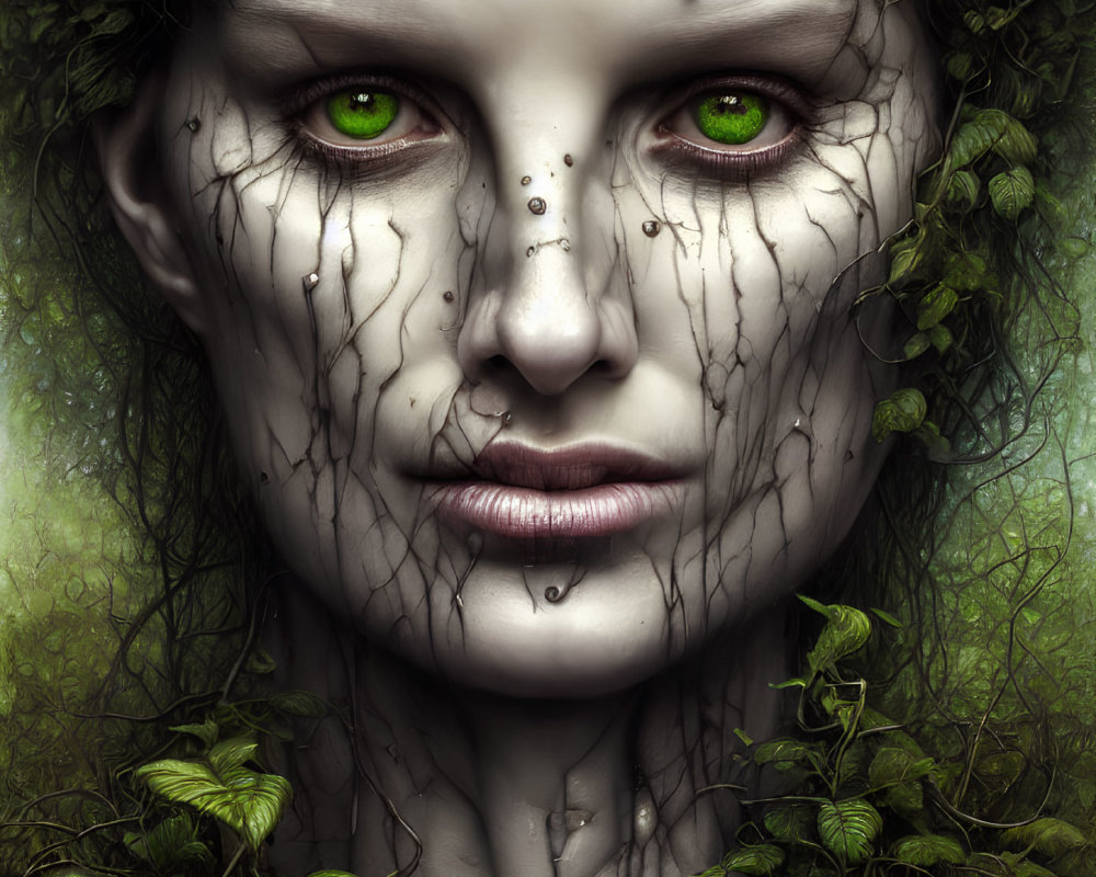 Close-up Image: Person with Green Eyes Surrounded by Foliage and Vines