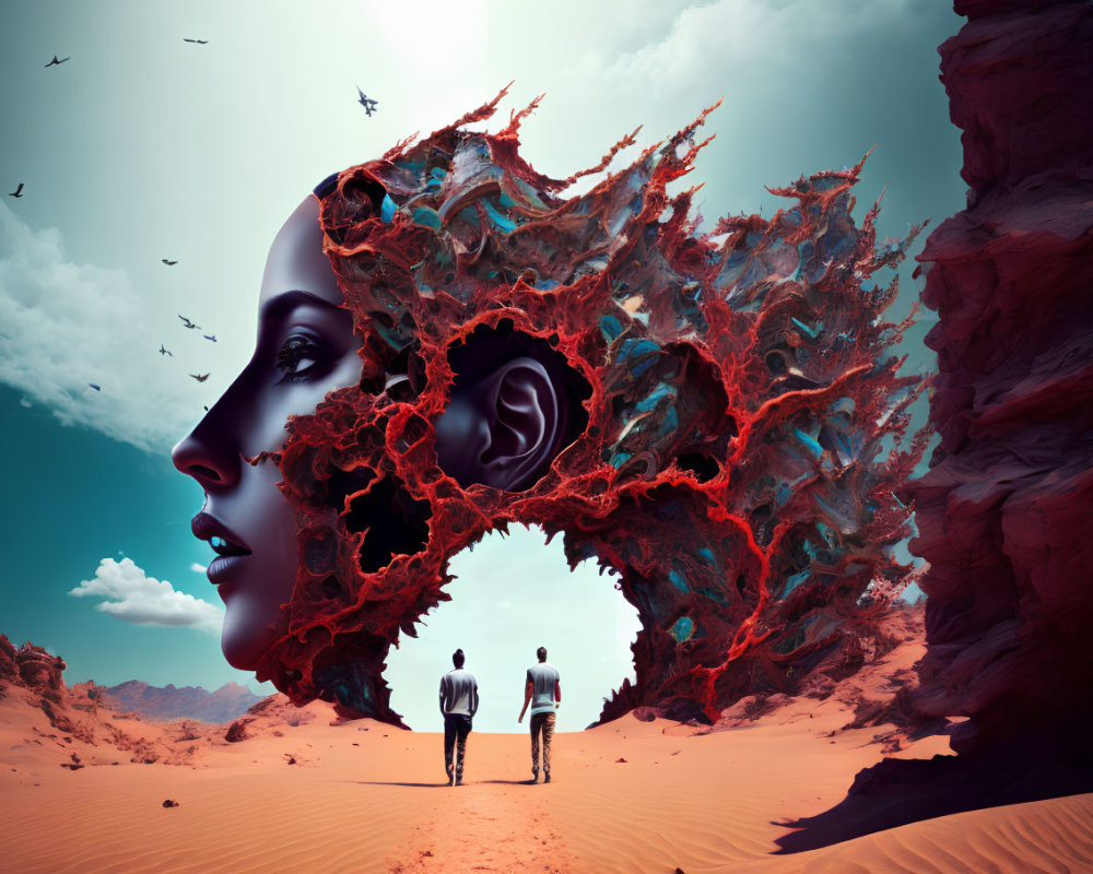 Surreal red rock formation with human profile under blue sky and figures walking.