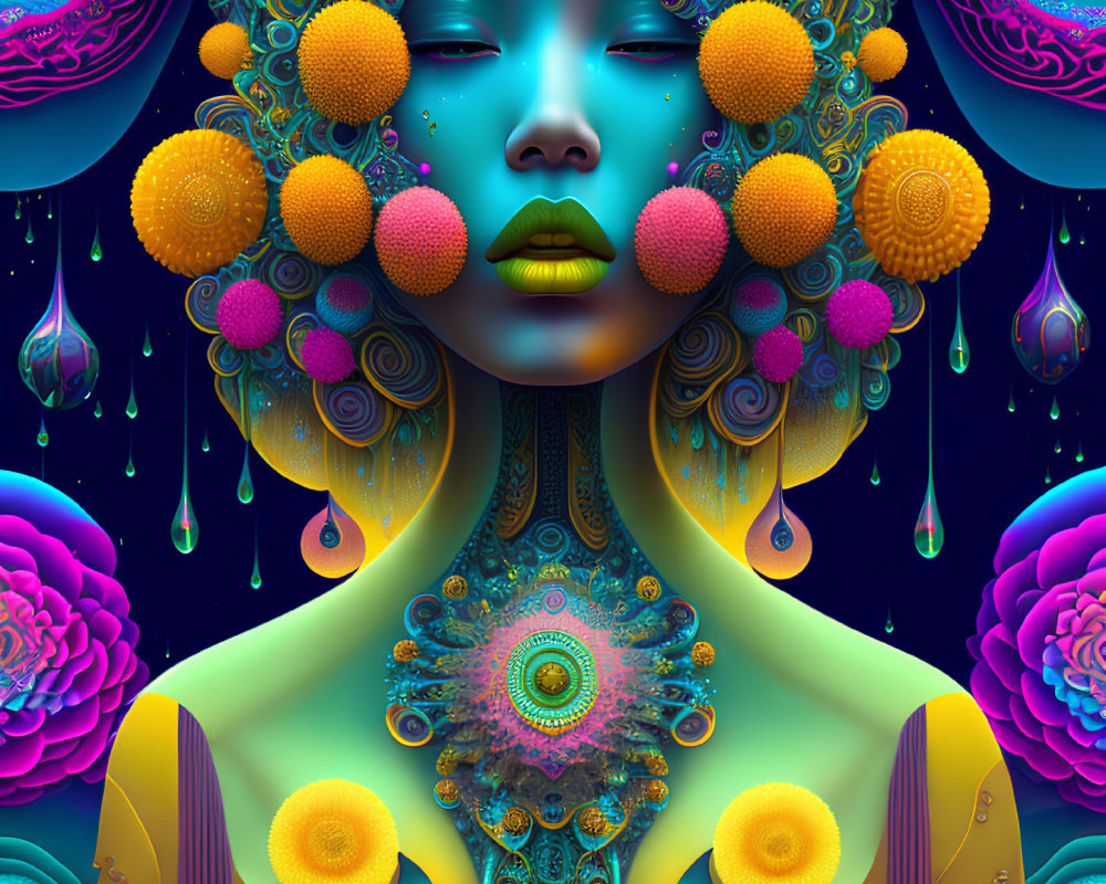 Colorful digital artwork of female figure with intricate patterns and blue skin tone