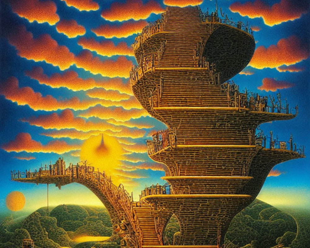 Surreal wooden structure in fantastical landscape with orange clouds