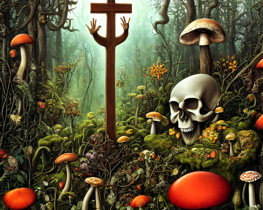 Surreal forest scene with colorful mushrooms and large skull