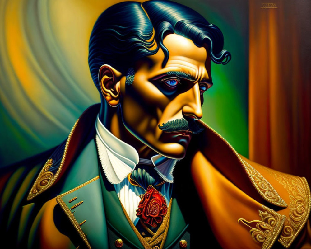 Distinguished man with mustache in military-style jacket, vibrant portrait.