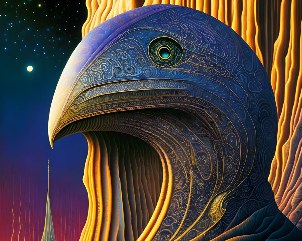 Patterned Bird Head with Cosmic Background and Otherworldly Landscape