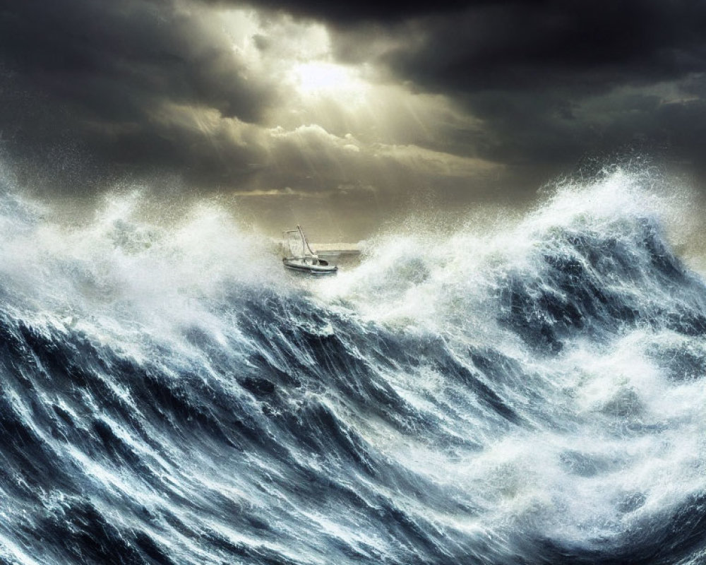 Sailboat navigating stormy waves under dramatic sky