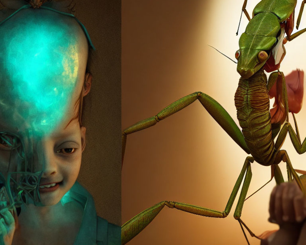 Composite Image: Glowing Child's Head & Giant Praying Mantis on Dark Background