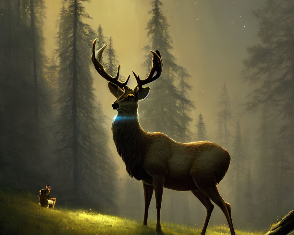 Majestic stag with glowing antlers in mystical forest at sunset