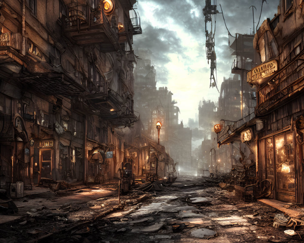 Desolate dystopian street with debris and dim lighting