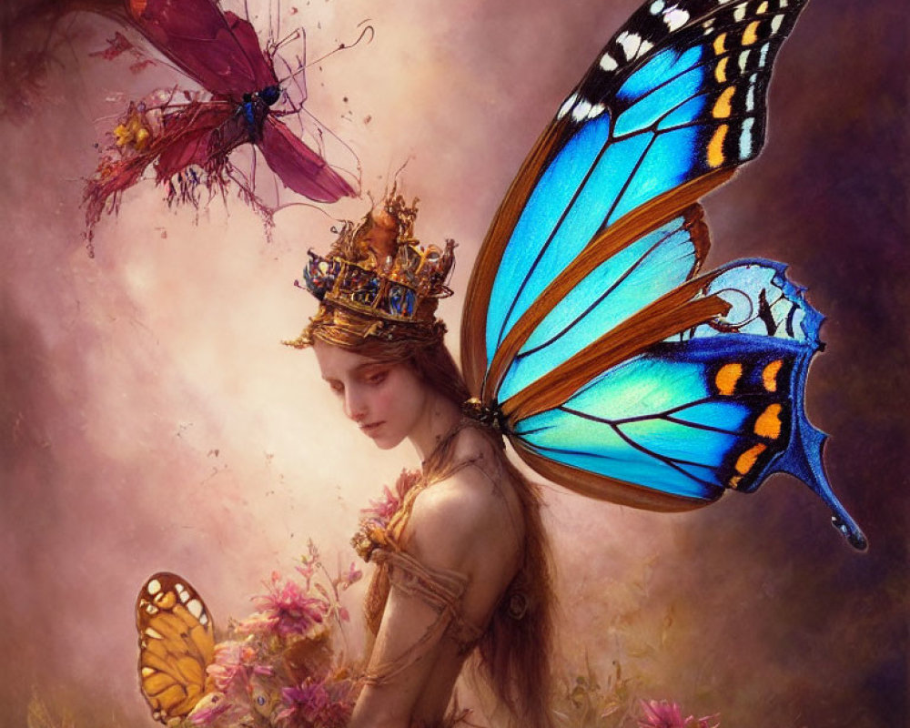 Mystical fairy creature with butterfly wings and crowned insect in dreamy landscape