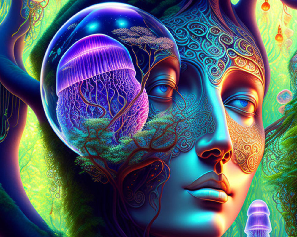 Surreal digital artwork: Female figure with cosmic jellyfish brain in serene forest.