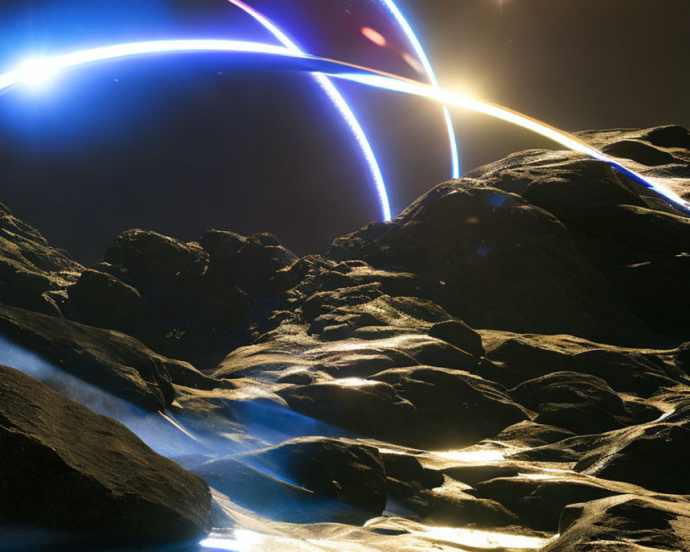 Illuminated rocks under bright, curved light trail at night