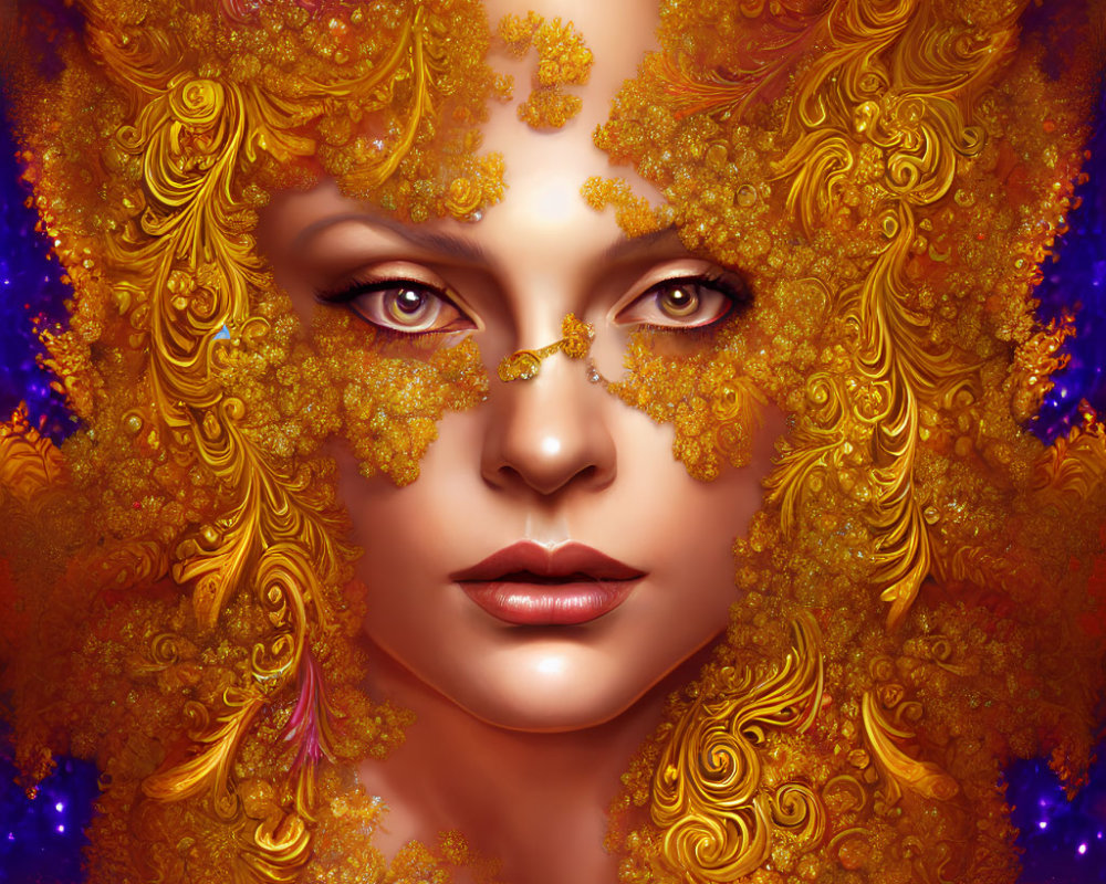 Digital artwork featuring woman with gold-embellished skin, intricate details, jewel-like eyes, and