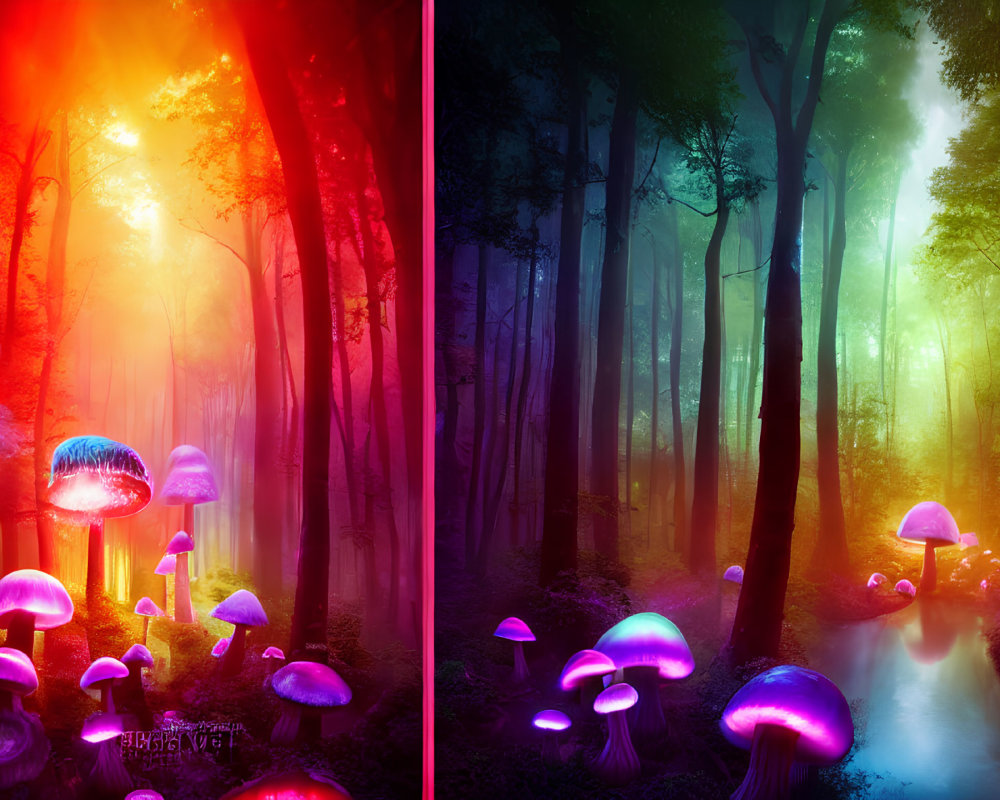 Enchanted forest split image with warm red and cool violet ambiance