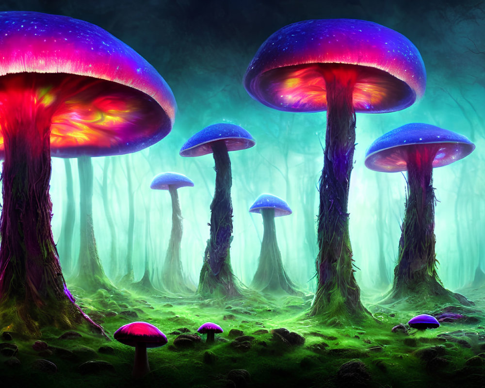 Enchanted forest with oversized purple mushrooms and misty atmosphere