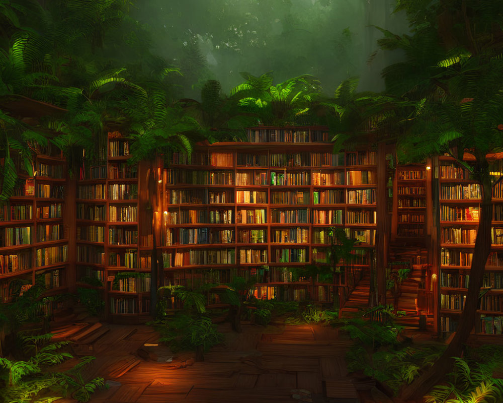 Tranquil forest library with towering bookshelves and lush greenery