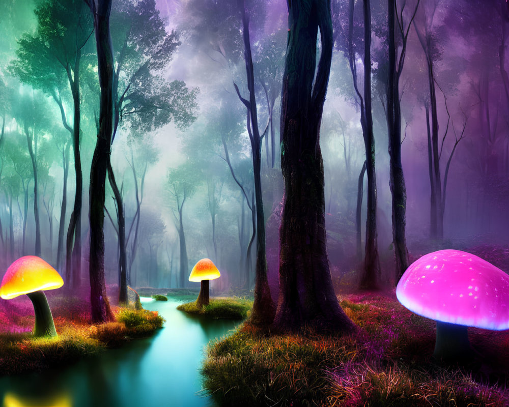 Enchanted Forest with Glowing Mushrooms and Serene Stream