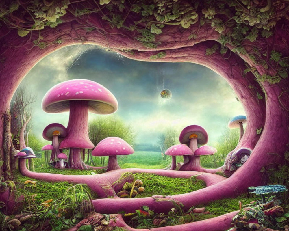 Colorful fantasy landscape with giant pink mushrooms and floating island