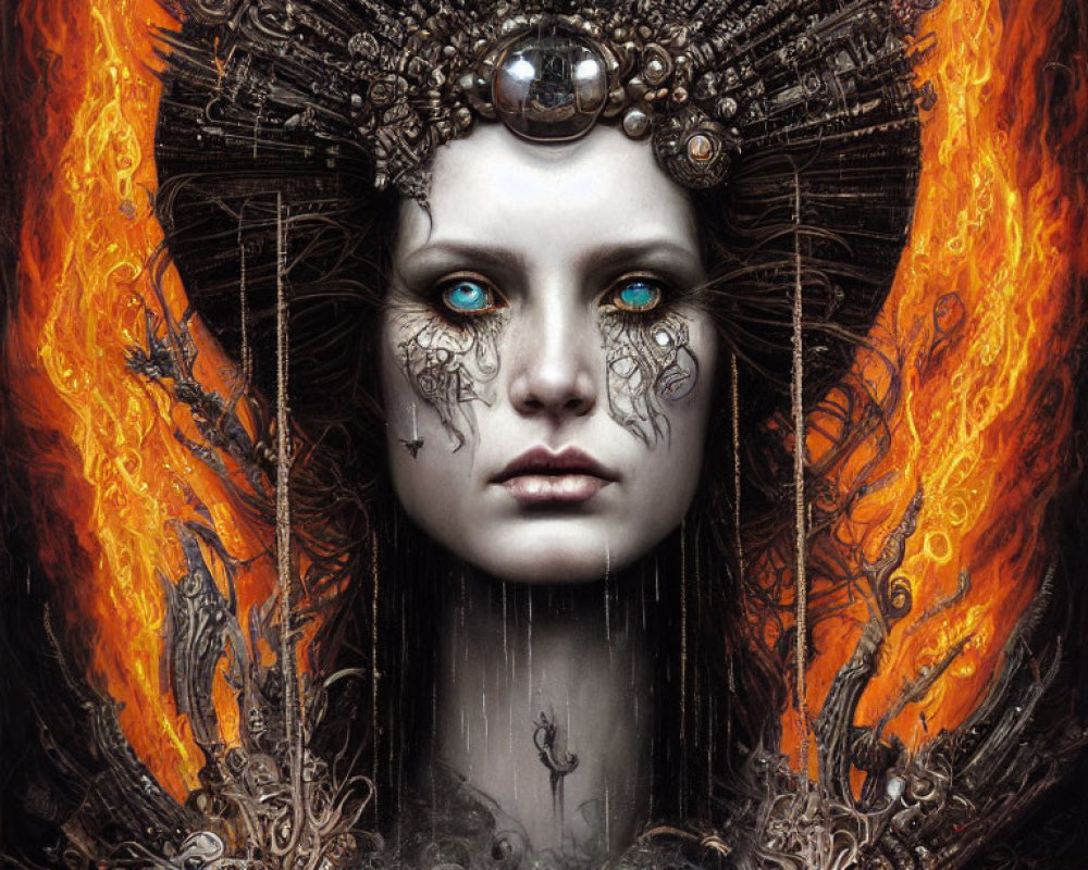 Digital artwork of female figure with blue eyes and flames against dark background