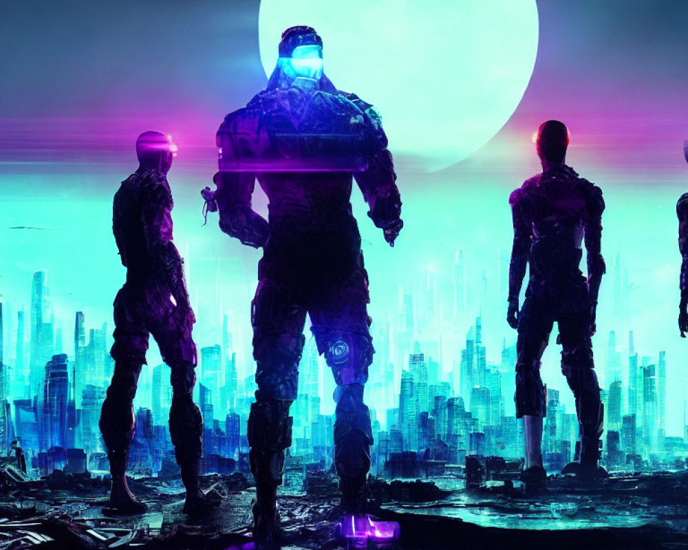 Futuristic armor silhouettes against city skyline under purple moon