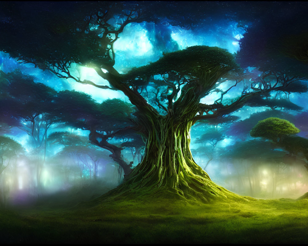 Majestic ancient trees in a glowing forest under a starry sky