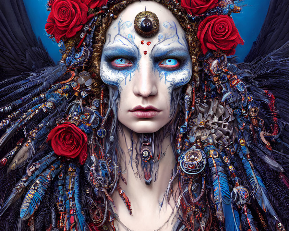 Elaborate Mechanical Headdress with Dark Wings and Red Roses