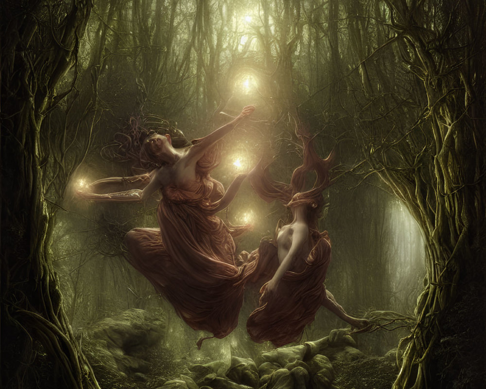 Ethereal figures in flowing dresses levitate in mystical forest