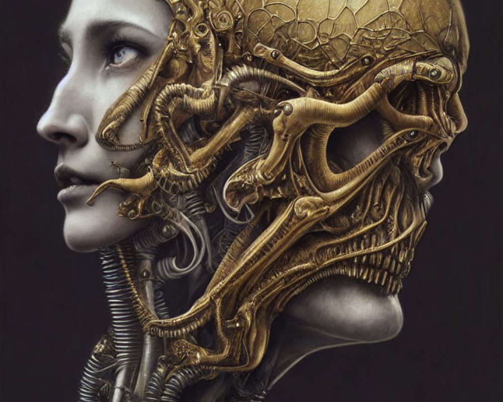 Detailed humanoid figure with half mechanical face on dark background