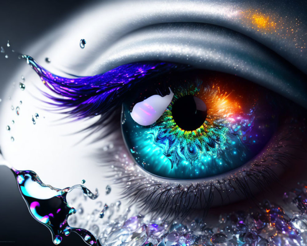 Vividly Colored Eye with Water Droplets and Splashes in Close-up View