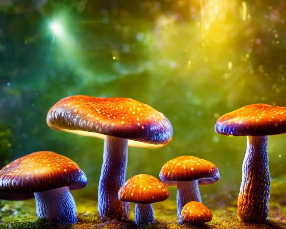 Colorful Mushrooms on Mossy Surface with Magical Illuminated Background