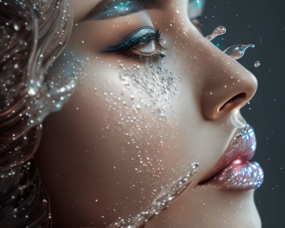 Close-Up of Woman's Face with Water Droplets and Blue Eye Shadow