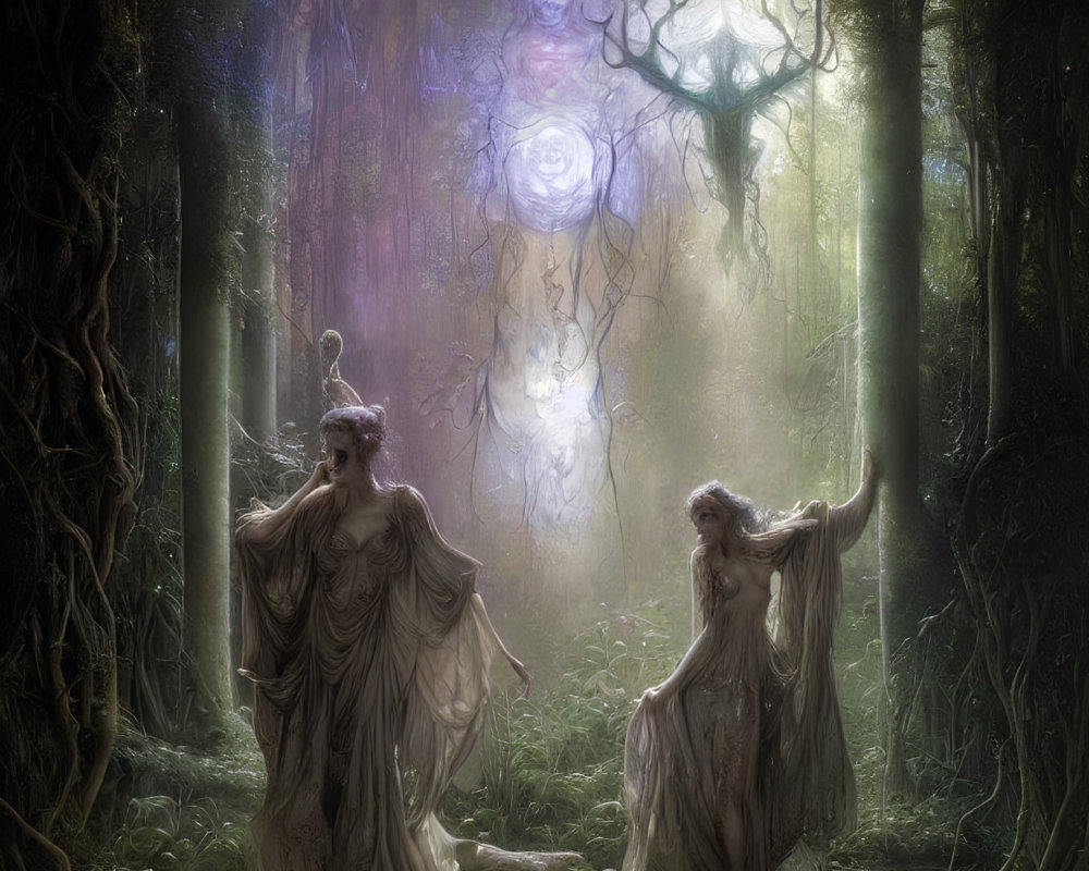 Ethereal forest scene with robed figures under purple sky