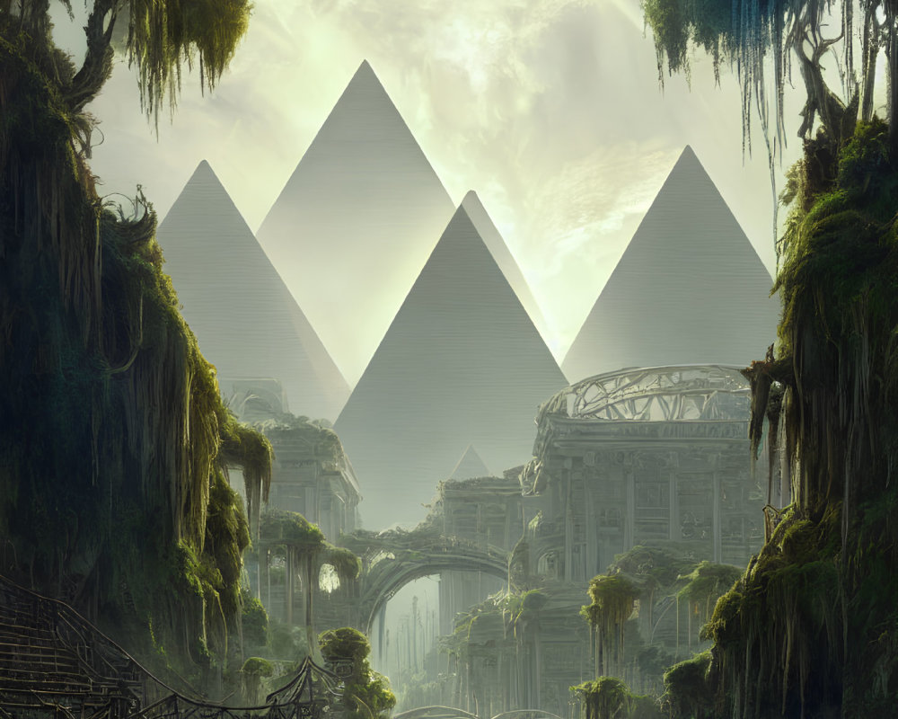 Ethereal landscape with Egyptian pyramids, lush vegetation, arches, and mist