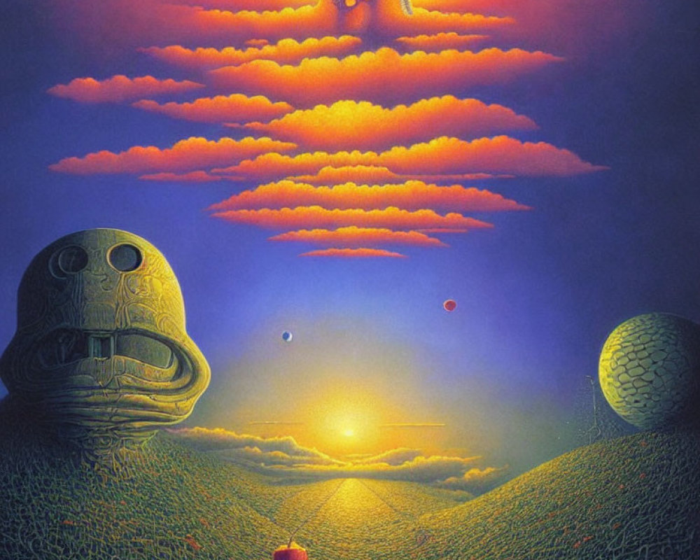 Surreal landscape with egg-like structures under purple sky