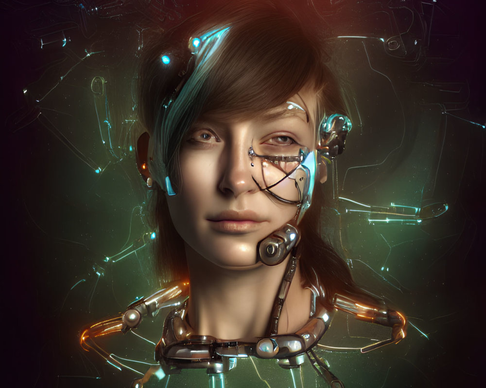 Futuristic portrait of person with cybernetic enhancements & neon circuitry