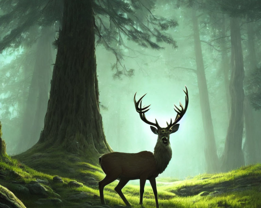 Majestic stag in sunlit forest clearing with misty atmosphere