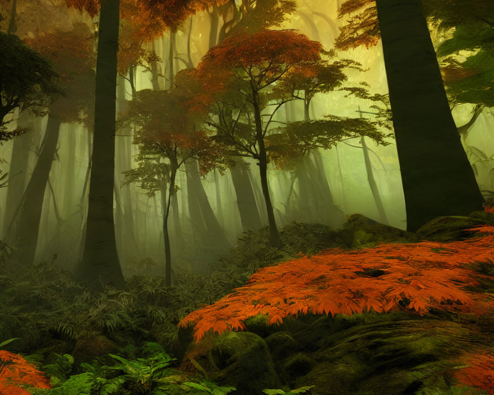 Lush forest with mist, tall trees, green foliage, and red leaves