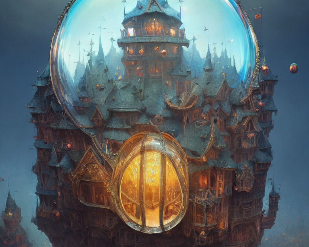 Floating castle in protective bubble with golden door in dusky sky