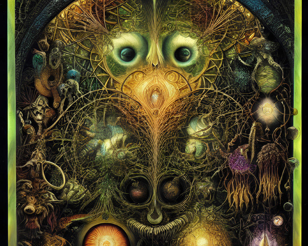 Detailed Psychedelic Humanoid Face Surrounded by Organic and Fantastical Elements in Circular Frame