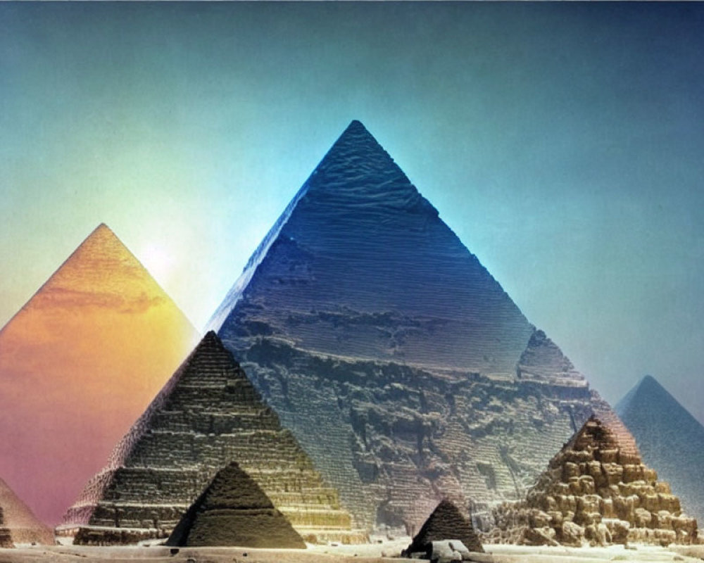 Ancient Pyramids of Giza under Yellow to Blue Sky Gradient