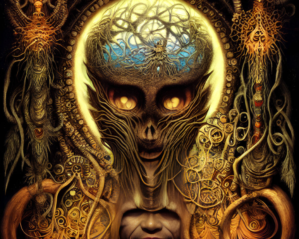 Intricate fantasy art: Otherworldly face with dark eyes, golden patterns, and glowing tree