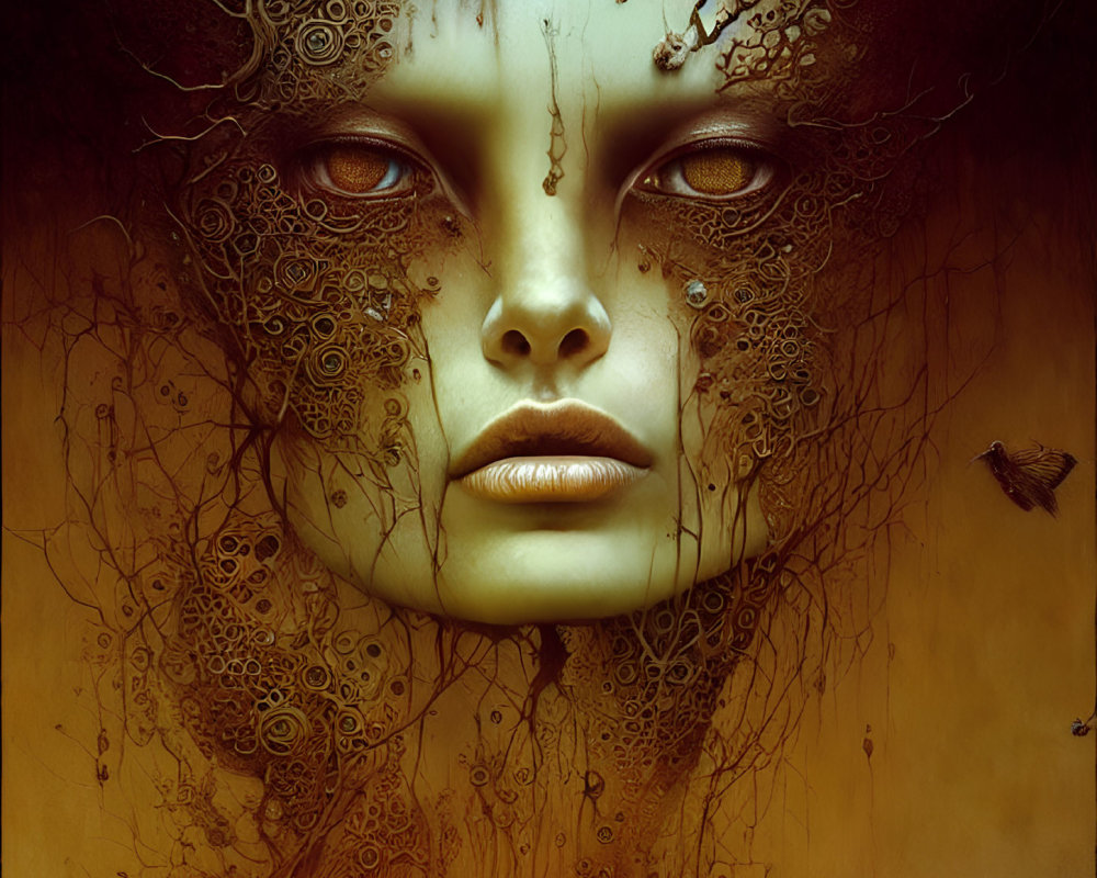 Intricate clockwork patterns on surreal face with flies on warm amber background