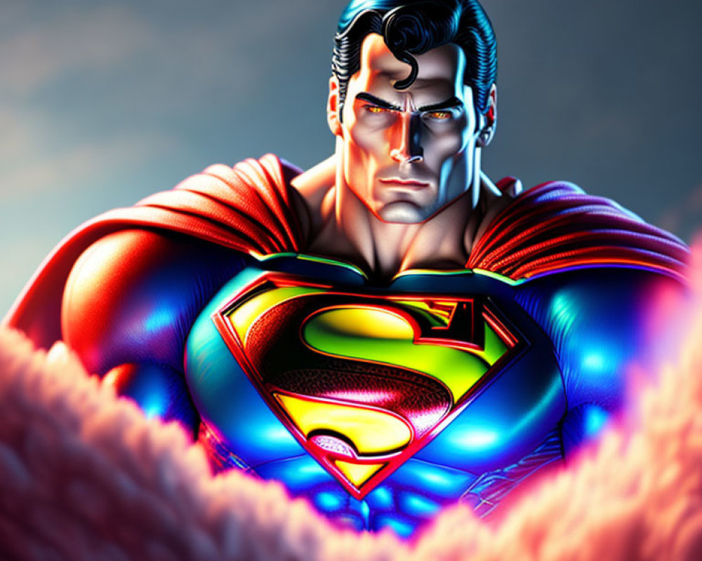 Illustration of Superman with 'S' emblem, blue suit, and red cape on dramatic sky backdrop