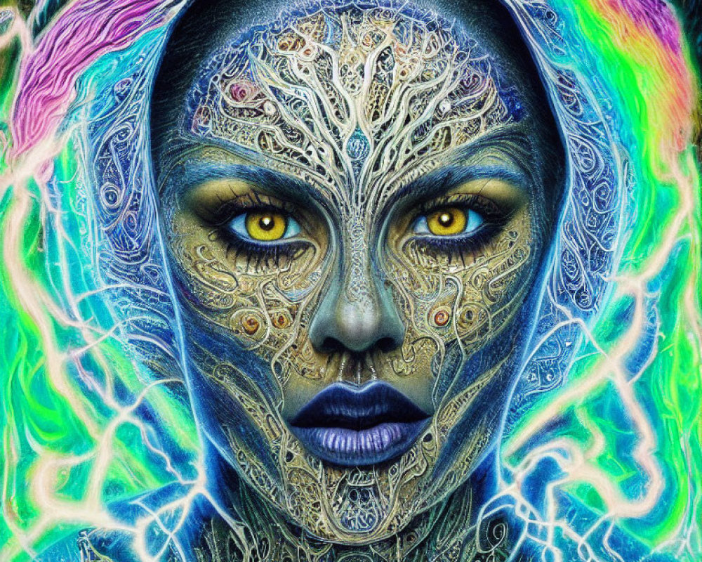 Colorful digital artwork of otherworldly female entity with intricate patterns and neon colors.