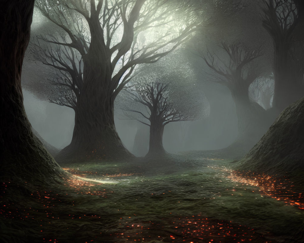 Enigmatic Forest Scene with Gnarled Trees and Red Lights