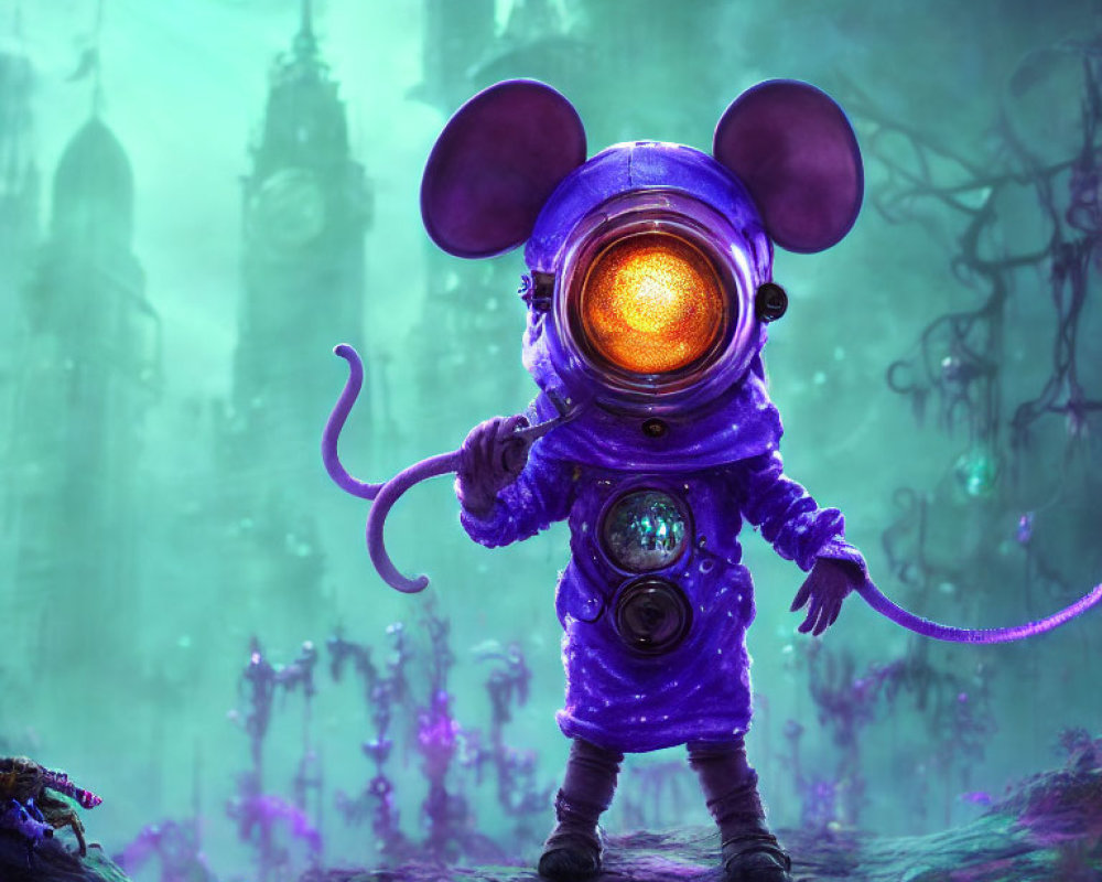 Purple-suited astronaut mouse explores misty alien landscape with towering structures