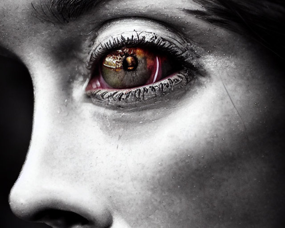 Detailed makeup close-up of woman's eye in color on black and white background