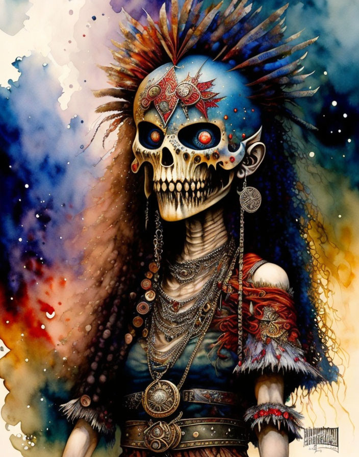 Colorful Skeleton Illustration with Feathered Headdress and Tribal Decorations