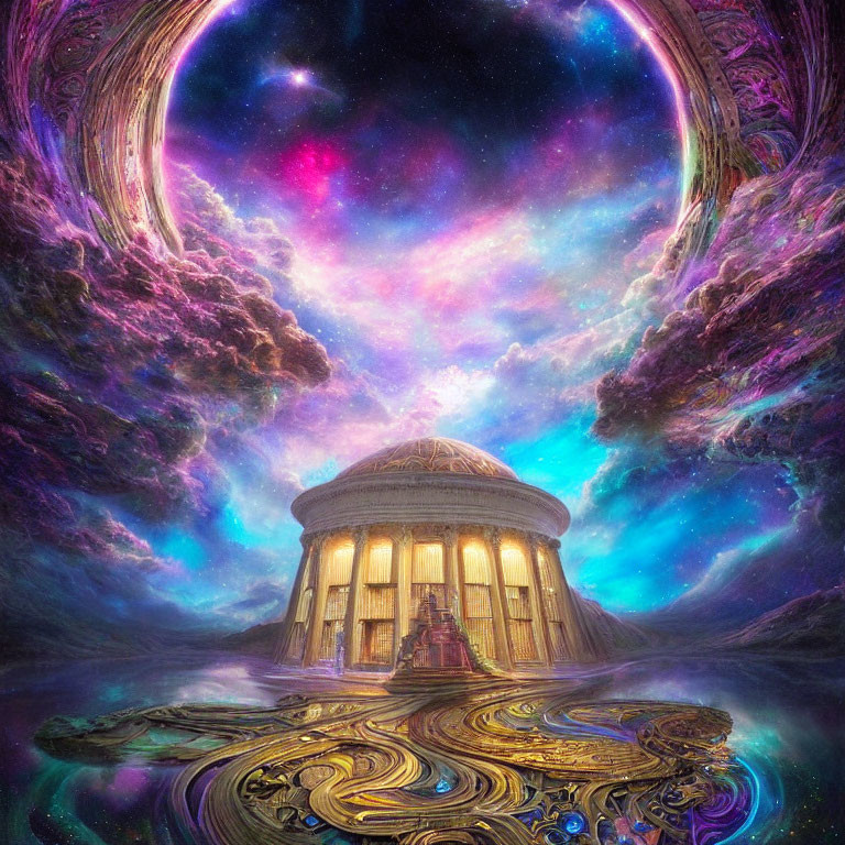 Fantastical image of classical building on cosmic platform beneath starry space portal