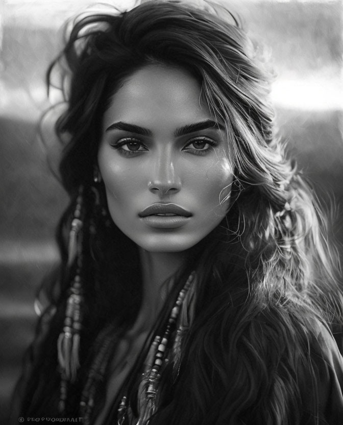 Monochrome portrait of woman with intense gaze and wavy hair