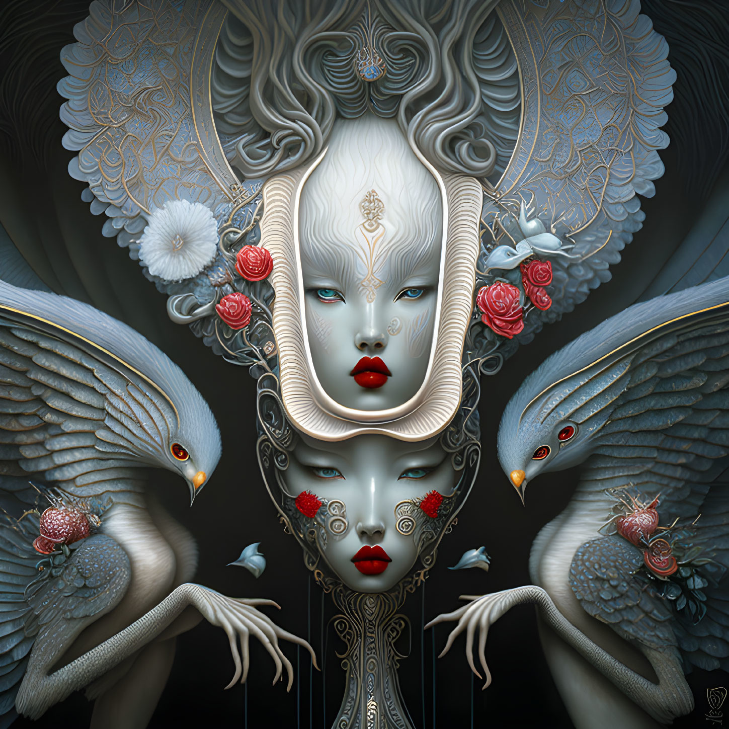 Detailed Artwork: Pale-faced Figures with Red Lips Surrounded by White Swans